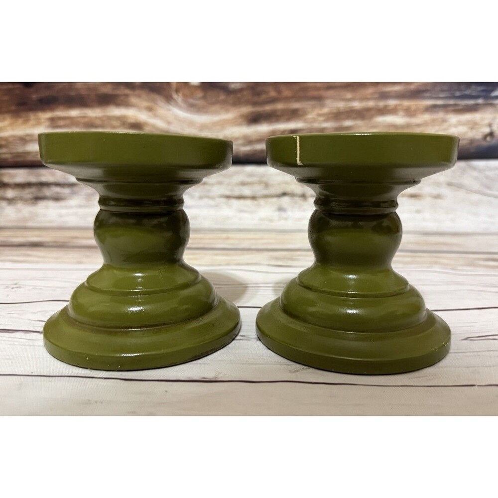 VINTAGE Pair ROUND WOODEN PEDASTAL CANDLE HOLDER Set Of Two Rainbow Products MCM